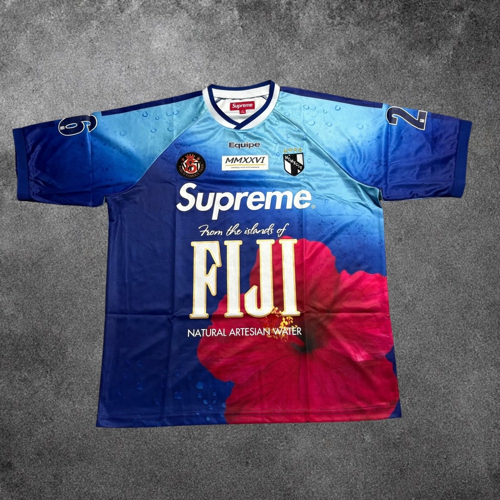 Supreme Fiji Water Soccer Jersey Mens Medium Blue Hibiscus Floral SS24 26 Top